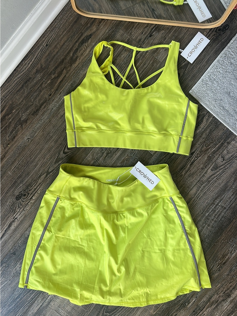 New with tags Crowned athletics Neon Yellow Athletic Skort & Sports Bra Set